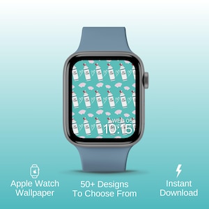 Puede incluir: Un Apple Watch azul con un fondo turquesa que presenta un patrón repetitivo de botes de aerosol blancos con tapas rojas y corazones rosas. La esfera del reloj muestra la hora 10:15 y el día WED 05.