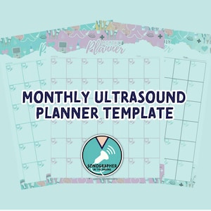 以下が含まれることがあります： 薄い青色の背景と、かわいい漫画の超音波検査装置が描かれた、印刷可能な毎月の超音波検査のプランナーテンプレートです。ページの上部には「毎月のプランナー」というテキストがあります。円の中に漫画の超音波検査装置が描かれており、「将来の超音波技師」というテキストが書かれています。