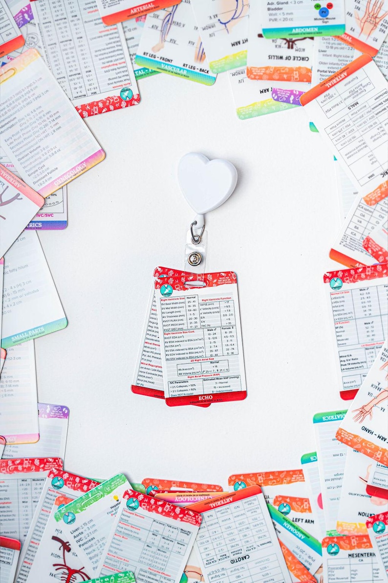 May include: A white heart-shaped retractable badge holder with a red and white card attached. The card has a table with medical information about the right ventricle. The card is labeled "ECHO".