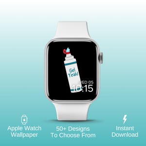 Puede incluir: Un Apple Watch blanco con una pantalla negra que muestra una imagen de dibujos animados de una botella de gel desinfectante para manos con el texto "Gel Yeah!" y la hora "10:15" un miércoles. La esfera del reloj es un diseño personalizable para Apple Watch.