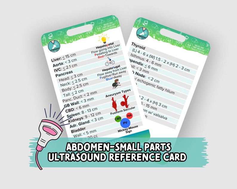 May include: A green and white reference card for ultrasound measurements of the abdomen and thyroid. The card includes illustrations of the organs and their normal sizes in centimeters. The card also includes a diagram of the thyroid gland and its normal measurements in centimeters.