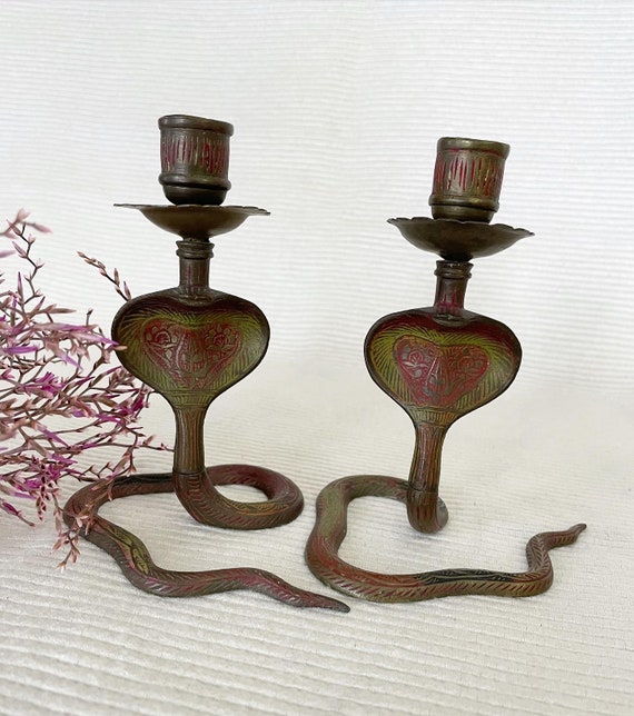 Brass Cobra Candlesticks Pair of Snake Candleholders Indian Etsy
