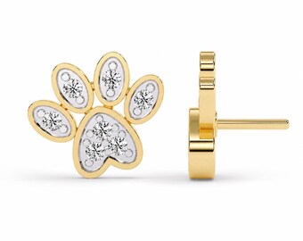 Gold Diamond Paw Print Stud Earrings: Pet Lover Jewelry