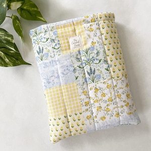 Quilted Book Sleeve Paperback Book Protector Yellow and Blue Floral Coquette Print