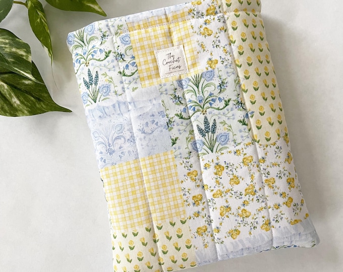 Quilted Book Sleeve Paperback Book Protector Yellow and Blue Floral Coquette Print