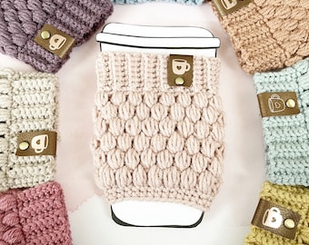 Blush Crochet Coffee Cup Cozy with Faux Leather Tag