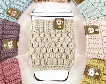 Tan Crochet Coffee Cup Cozy with Faux Leather Tag