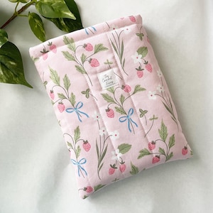 Quilted Book Sleeve Paperback Book Protector with Pink Strawberries and Blue Bows