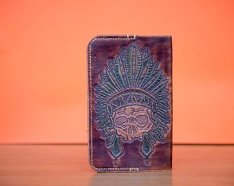 handmade leather wallet with indian skull design, original wallet, handcrafted, leather artwork.