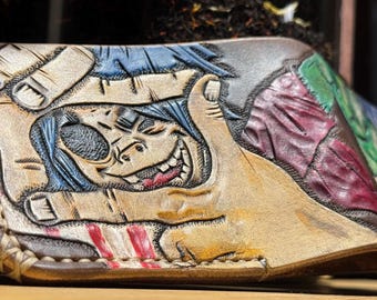 Handmade Leather Wallet with Gorillaz Characters – Carved & Painted Bifold