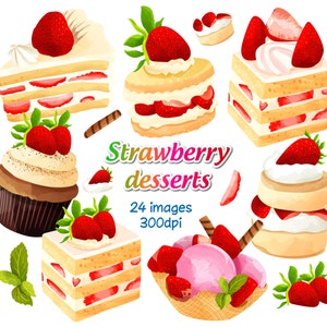Op de afbeelding: Een verzameling aquarel illustraties van aardbei desserts, waaronder cakes, cupcakes en ijs. De afbeelding bevat de tekst "Strawberry desserts" en "24 images 300dpi". De desserts zijn versierd met verse aardbeien en slagroom.