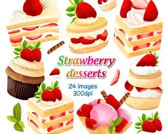 Clipart de Desserts aux fraises aquarelle, Shortcake aux fraises, Cupcake aux fraises, crème glacée aux fraises, gâteau, crème, téléchargement immédiat