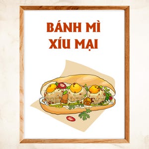 Banh mi xiu mai, Banh mi de almôndegas de porco, Banh mi Vietnã, pôster de comida vintage vietnamita, decoração de parede, download instantâneo, para impressão