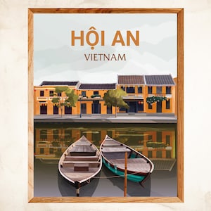 May include: A colorful illustration of a canal scene in Hoi An, Vietnam. The image features a row of yellow buildings with red roofs and a reflection of the buildings in the water. Two wooden boats are in the water, one facing left and one facing right.