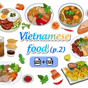 Clipart di cibo vietnamita, cucina del sud-est asiatico, download istantaneo, rotture di riso, spezzatino di manzo con baguette, mini pancake, Ca phe sua da