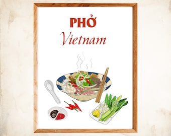 Pho Vietnam Poster, Vietnamese Beef Noodle Soup, Phở Bò, Vietnam Cuisine Vintage Poster, Retro, Instant Download, Printable