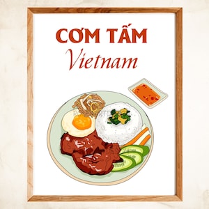 May include: A white plate with a Vietnamese dish called "Com Tam" featuring a fried egg, rice, grilled pork, pickled vegetables, and a side of dipping sauce.