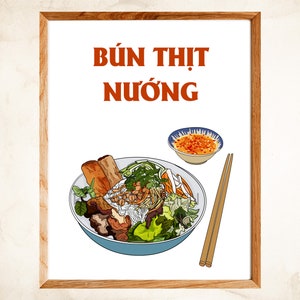 May include: A white plate with a bowl of Bun Thit Nuong, a Vietnamese dish with rice noodles, grilled pork, vegetables, and a side of dipping sauce. The dish is served with chopsticks.