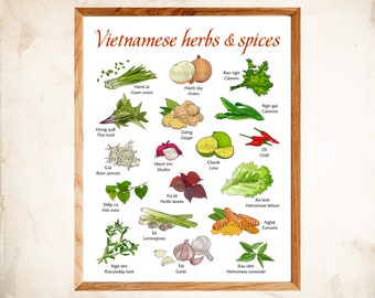 Vietnamese Herbs and Spices Poster, SouthEast Asian Food Wall Art Decor Vintage Poster Retro Foodie, Instant Download, Printable lime chilli
