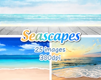 May include: Watercolor illustrations of seascapes. The image includes a variety of beach scenes with blue skies, ocean waves, and sandy shores. Text on the image reads "Seascapes", "25 images", and "300dpi".
