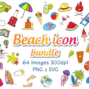 Pacchetto Clipart spiaggia disegnato a mano SVG, PNG spiaggia, Oceano PNG, Pacchetto icona spiaggia, Vacanze estive, Ombrello, Cappello, Protezione solare, Pesce, Gelato