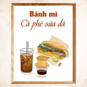 Banh mi ca phe sua da, Café, Pôster de comida vintage vietnamita, Decoração de parede, Café com leite gelado vietnamita, Download instantâneo, Para impressão