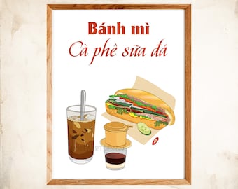 Banh mi ca phe sua da, Café, Vietnam Vintage Food Poster, Wall Art Decor, Vietnamese Iced Milk Coffee, Instant Download, Printable