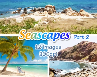 Clipart de paysages marins aquarelle, téléchargement immédiat, coucher de soleil océan ciel mer sable plage paysage nautique été voyage vacances cocotier île