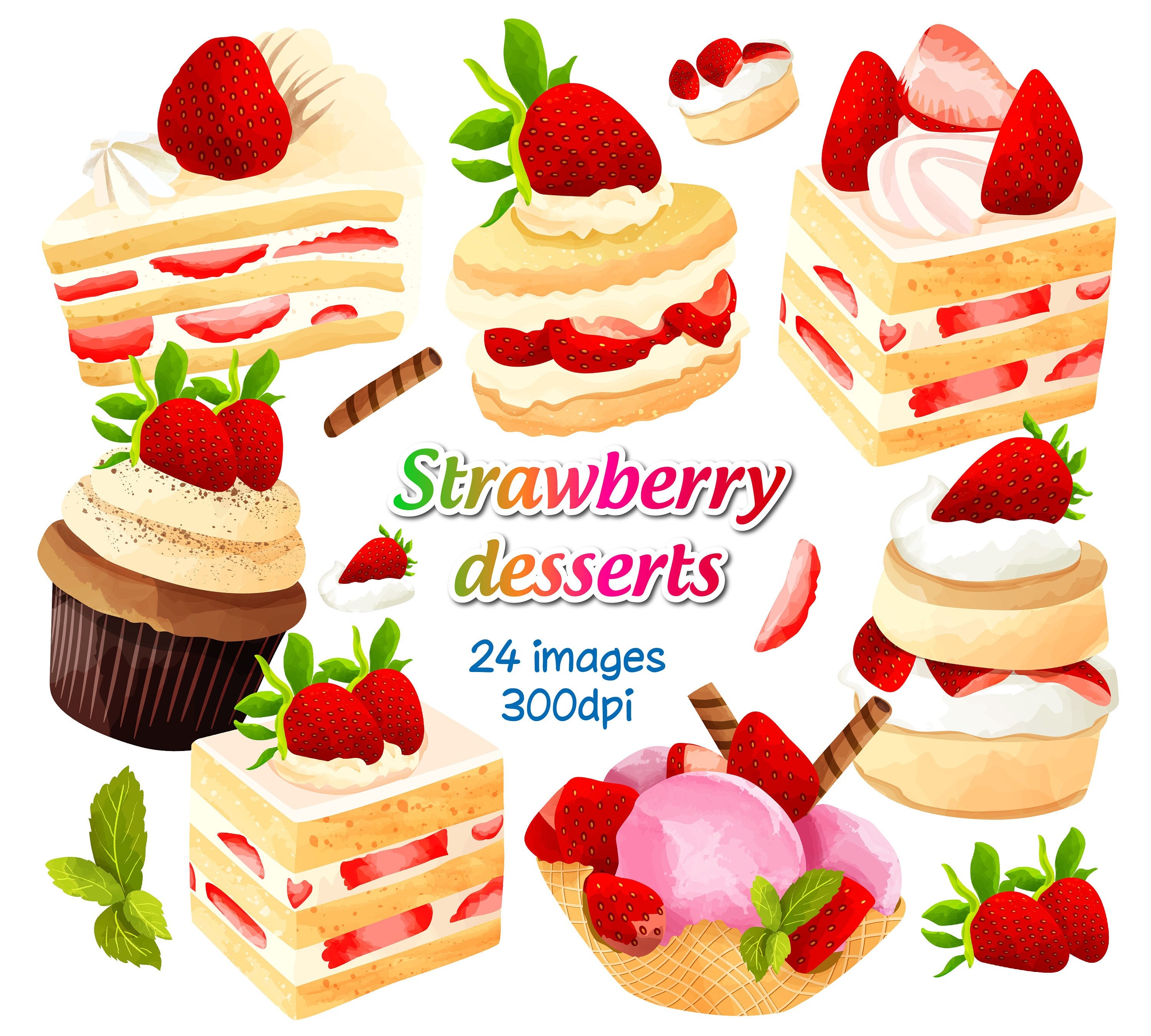 Watercolor Strawberry Desserts Clipart Strawberry Shortcake - Etsy