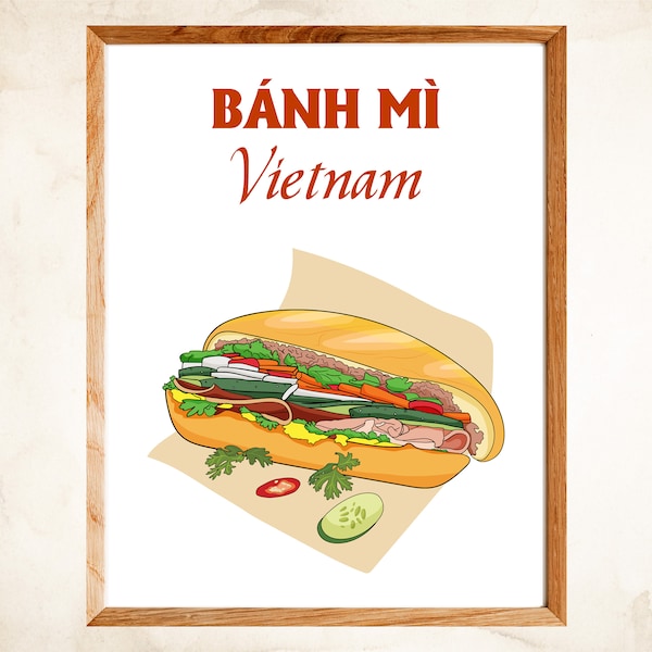 Affiche Banh mi Vietnam, Bánh mì, sandwich vietnamien, affiche vintage de cuisine vietnamienne, décoration d'art mural, rétro, téléchargement immédiat, imprimable