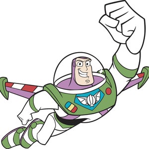 Puede incluir: Una ilustración de dibujos animados de un juguete de ranger espacial verde, morado y blanco con una franja roja y blanca en la espalda. El juguete está volando con el brazo levantado en el aire.