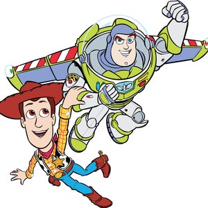 May include: A cartoon illustration of Woody and Buzz Lightyear from the Toy Story franchise. Woody is wearing his signature cowboy hat and vest, while Buzz is in his space ranger suit with wings. They are both flying through the air with big smiles on their faces.