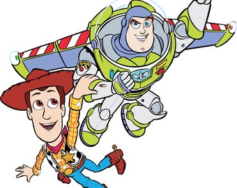 Pode incluir: Uma ilustração de desenho animado de Woody e Buzz Lightyear da franquia Toy Story. Woody está usando seu chapéu de cowboy e colete característicos, enquanto Buzz está em seu traje de ranger espacial com asas. Ambos estão voando pelo ar com grandes sorrisos em seus rostos.