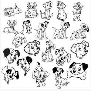 Könnte beinhalten: Eine Sammlung von Schwarzweißillustrationen von Dalmatinerhunden in verschiedenen Posen. Einige Hunde sitzen, einige stehen und einige liegen. Die Illustrationen sind einfach und im Cartoon-Stil gehalten.