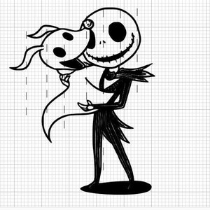 Pode incluir: Desenho de linha preto e branco de Jack Skellington de O Estranho Mundo de Jack segurando Zero, o cão fantasma.