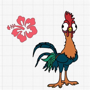 May include: A cartoon rooster with red, orange, and blue feathers, big eyes, and a yellow beak. The rooster is standing on a white background with a pink hibiscus flower.