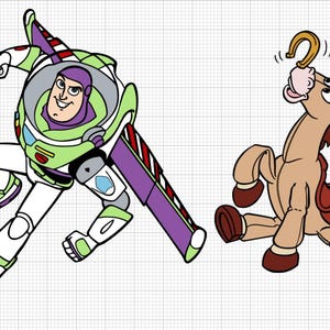 Puede incluir: Ilustración de dibujos animados de Buzz Lightyear con un traje espacial verde, blanco y morado, y un caballo marrón con una herradura. Los personajes son de la película animada Toy Story.