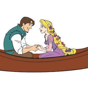 May include: A cartoon illustration of a man and a woman sitting in a brown wooden boat. The man is wearing a green shirt and brown pants. The woman is wearing a purple dress and has long blonde hair with flowers woven into it. They are looking at each other and smiling.