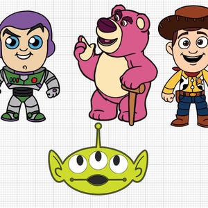May include: Cartoon illustrations of characters from the animated film Toy Story. Buzz Lightyear in a green and purple spacesuit, Lotso the pink bear, Woody the cowboy, and a green alien with three eyes.