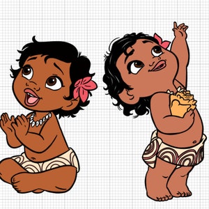 Könnte beinhalten: Zwei Cartoon-Baby-Mädchen mit brauner Haut und schwarzen Haaren. Eines trägt eine weiße und braune Halskette und eine rosa Blume. Das andere trägt eine braune und weiße Halskette und hält eine Muschel.