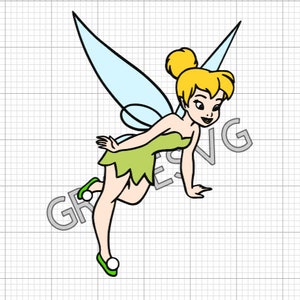 May include: A cartoon illustration of Tinkerbell, a fairy with blonde hair, green wings, and a green dress, flying with her arms outstretched.