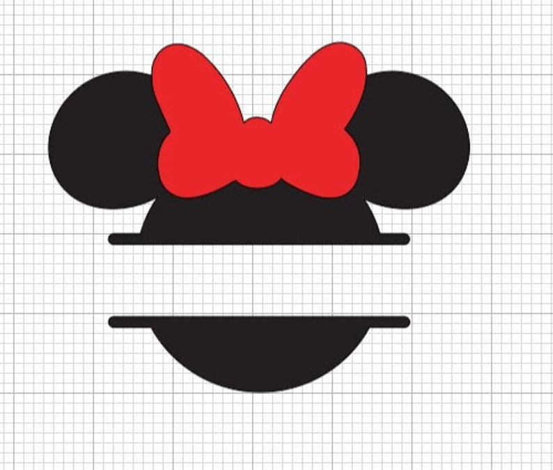 May include: Black and red silhouette of a mouse head with a bow. The mouse head has two large ears and a round face. The bow is red and is positioned on top of the head. There is a blank space below the bow for text.