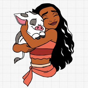 Könnte beinhalten: Eine Cartoon-Illustration einer bräunlich-häutigen Frau mit langen schwarzen Haaren, die ein weißes Schwein mit rosa Ohren und einer schwarzen Nase umarmt. Die Frau trägt ein rot-oranges Oberteil und eine rote Schärpe.