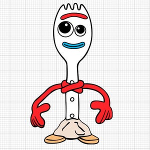 May include: A cartoon illustration of a white spork character with a red mouth, eyebrows, and arms. The character has large black eyes and a blue mouth. The arms are knotted around the neck, and the character is wearing tan shoes.