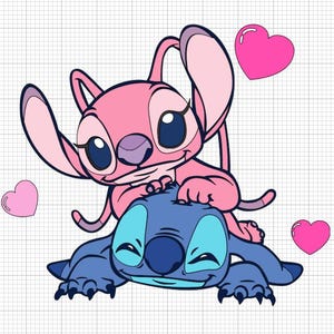 May include: A cartoon illustration featuring two characters, one pink and one blue, with large eyes and heart-shaped accents. The pink character is atop the blue one, with three pink hearts scattered around.