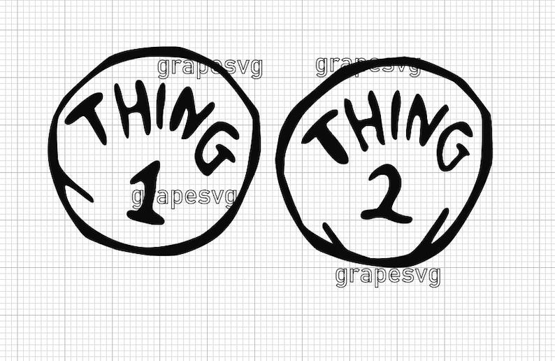 May include: Two black and white circular designs with the words "THING 1" and "THING 2" in a bold, playful font. The numbers are centered below the word "THING". The background is a grid pattern.
