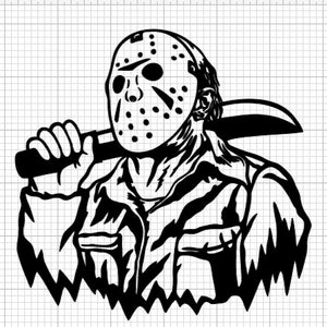 May include: Black and white illustration of a horror movie character wearing a hockey mask and holding a machete.