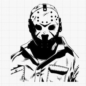 Op de afbeelding: Zwart-witte illustratie van een persoon met een hockeymasker en een jas. Het masker heeft een schedelontwerp met gaten en een band.