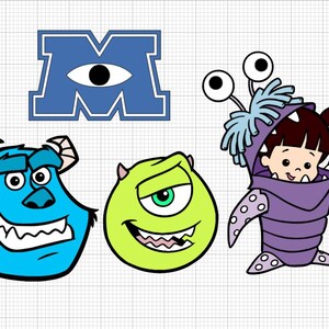 May include: A collection of cartoon character graphics from the movie Monsters, Inc. Includes the letter "M" with an eye, the blue monster Sully, the green monster Mike, and Boo in a monster costume.