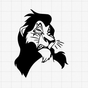 May include: Black and white illustration of Scar, the villain from Disney's The Lion King. He has a menacing expression with a sharp, pointed nose and a wide, open mouth.